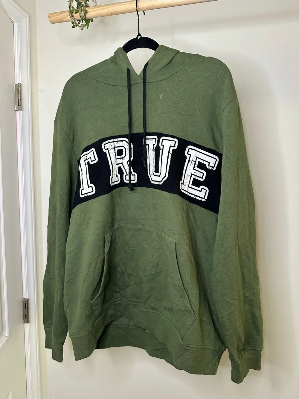 True Religion Hoodie Olive Green Black Split Arch Spellout Pullover Sweatshirt
